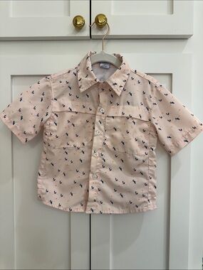 Blue Quail Light Peach Short Sleeve Shirt with Flying Cranes Print 2T